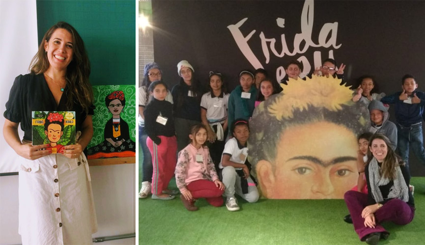 professora com alunos em mostra da frida kahlo