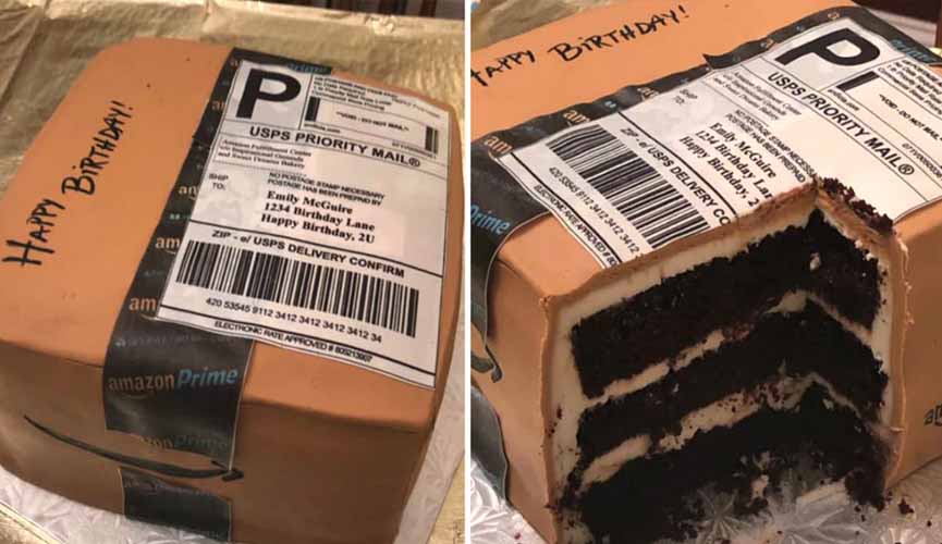 Marido dá bolo em formato de pacote de entrega à esposa que compra muito online