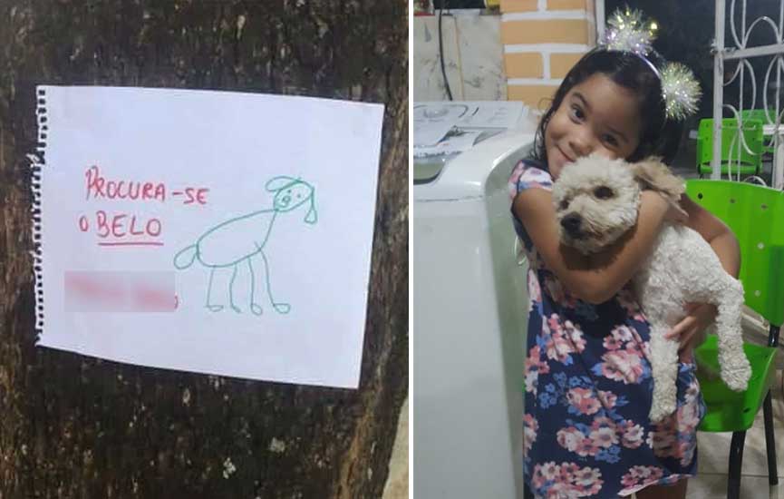 Menina de 4 anos faz cartazes com desenho à mão de seu cachorro perdido e o encontra