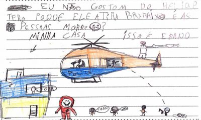 Criança de comunidade diz que não gosta de helicóptero porque ele atira e as pessoas morrem