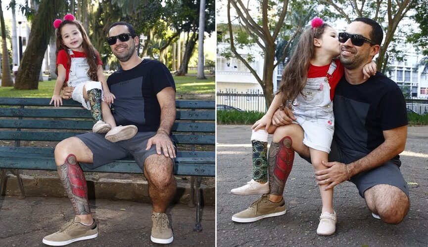 Pai tatua prótese para ficar igual a filha que teve perna amputada