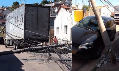 Caminhão faz ‘strike’ e derruba 4 poste de uma vez na Ponte São João