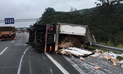 Caminhão com carga de frango congelado tomba na Rodovia dos Bandeirantes