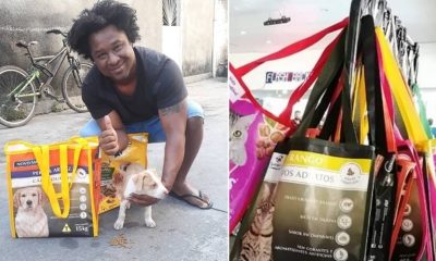 Rapaz transforma sacos de ração em bolsas ecológicas e usa renda para alimentar animais de rua