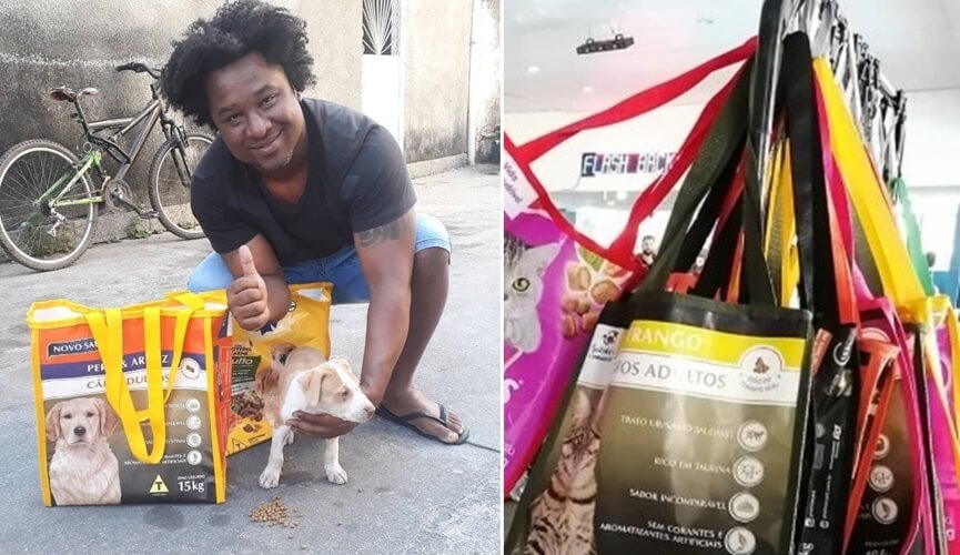 Rapaz transforma sacos de ração em bolsas ecológicas e usa renda para alimentar animais de rua