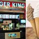 à esquerda, frente do restaurante Burger King; à direita, foto de sorvetes de casquinha