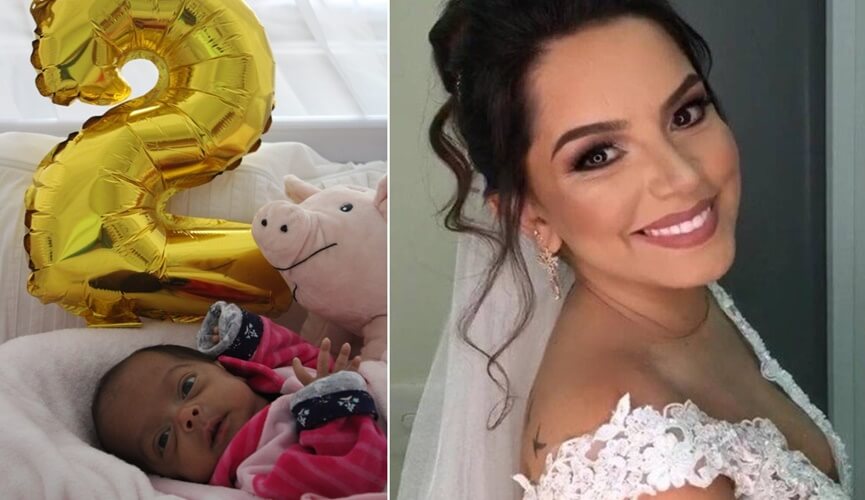 Bebê prematura com macacão rosa e balão dourado, à esquerda; noiva sorrindo, à direita