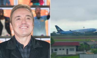 À esquerda, Gugu Liberato sorrindo; à direita, avião azul pousando em aeroporto