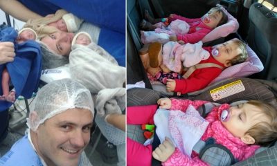 Mulher em mesa cirúrgica, com três bebês e um homem, à esquerda; três bebês com roupas rosa nas cadeirinhas de veículo, à direita