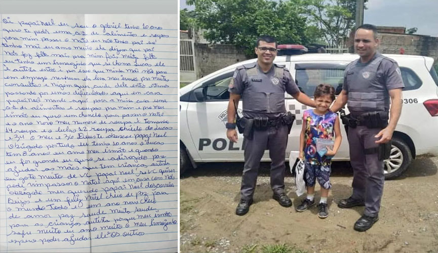 À esquerda, carta que criança escreveu ao Papai Noel pedindo cesta básica; à direita, policiais com menino segurando presente