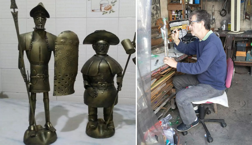 À esquerda, obras de arte feitas com garrafa pet, à direita, o artesão trabalhando em sua oficina