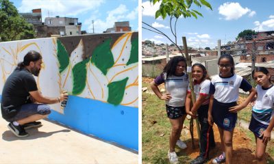 À esquerda, grafiteiro do Coletivo The King´s participa da ação, ajoelhado e pintando muro com spray; à direita, quatro alunas crianças aparecem ao lado de árvore plantada, sorridentes. Uma delas aparece abraçando a árvore recém plantada