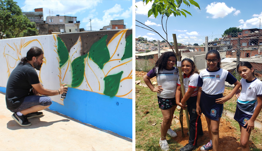 À esquerda, grafiteiro do Coletivo The King´s participa da ação, ajoelhado e pintando muro com spray; à direita, quatro alunas crianças aparecem ao lado de árvore plantada, sorridentes. Uma delas aparece abraçando a árvore recém plantada
