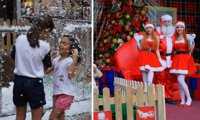 À esquerda, crianças brincando com neve artificial no Centro; à direita, Papai Noel posando para foto com Noeletes e cenário de Natal ao fundo