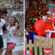 À esquerda, crianças brincando com neve artificial no Centro; à direita, Papai Noel posando para foto com Noeletes e cenário de Natal ao fundo