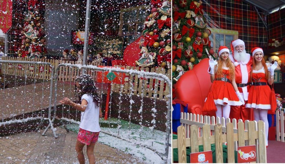 À esquerda, criança brincando com neve artificial; à direita, Papai Noel e Noeletes no Escritório do Papai Noel