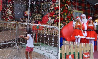 À esquerda, criança brincando com neve artificial; à direita, Papai Noel e Noeletes no Escritório do Papai Noel