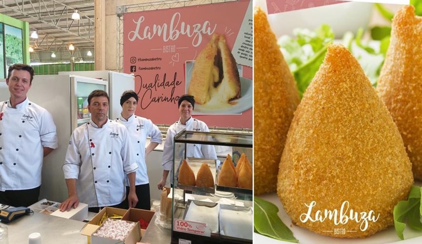 Cozinheiros, à esquerda; coxinha de queijo, à direita