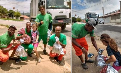 Criança ao lado de coletores de lixo