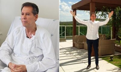 Homem em cama hospitalar, à direita; mesmo homem de pé em casa, à esquerda