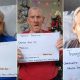 três idosos seguram cartaz com seus nomes, idades e presentes desejados para o natal