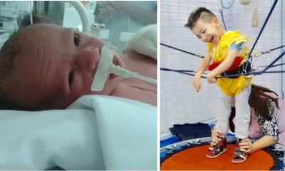 À esquerda, Fabrizio neném entubado na maternidade; à direita, dando seus primeiros passinhos na fisioterapia