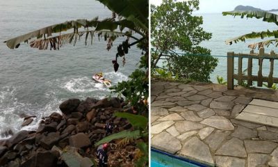 à esquerda, foto mostra barranco em frente ao mar, com bombeiros fazendo buscas na terra e no mar; à esquerda, parte do parapeito do deck que cedeu com uma fita