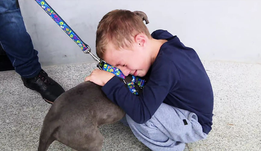 menino emocionado abraçando seu cachorro de estimação