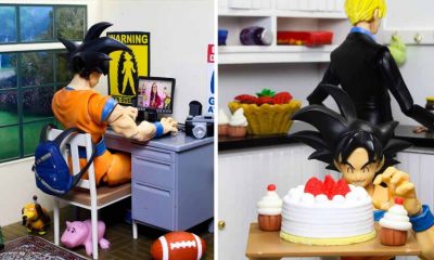 À esquerda, brinquedo do Goku mexendo em computador enquanto assiste vídeo. À direita, brinquedo do Tofu em cenário de cozinha enfeitando um bolo