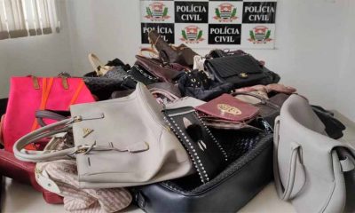 mais de 10 bolsas de marcas de grife emc ima de emsa com o logotipo da polícia civil ao fundo