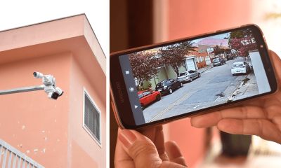 À esquerda, câmera de monitoramento posicionada; à direita, imagem transmitida no celular