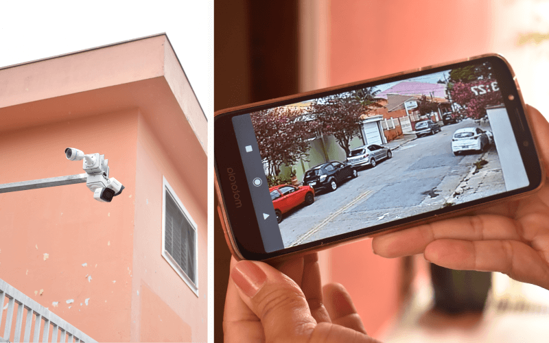 À esquerda, câmera de monitoramento posicionada; à direita, imagem transmitida no celular