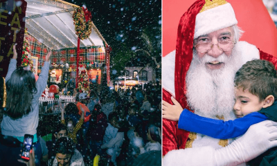 À direita, crianças assistem chegada do Papai Noel; à direita, Papai Noel com criança no colo