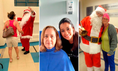 Papai Noel encontrando pacientes nos corredores e selfie de cabeleireira com paciente