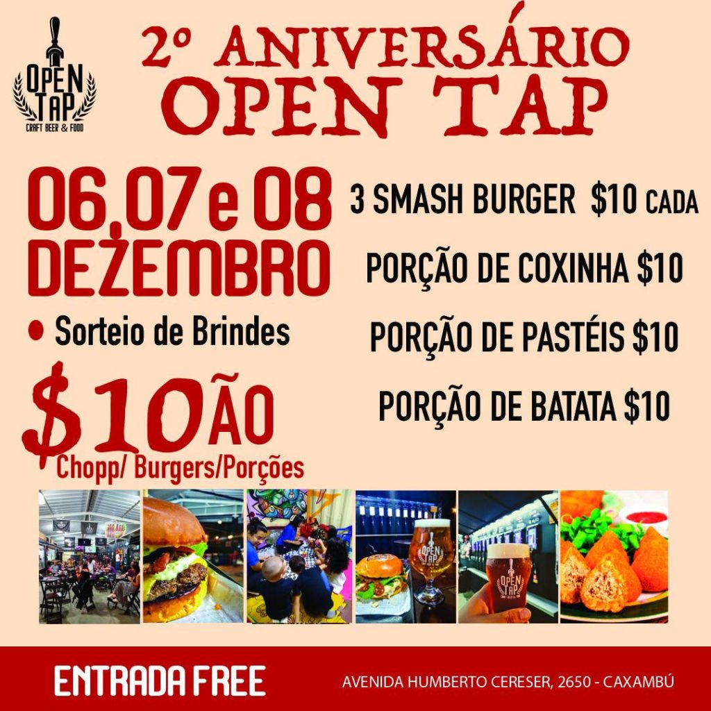 Flyer promocional do evento de comemoração do aniversário de 2 anos da choperia Open Tap