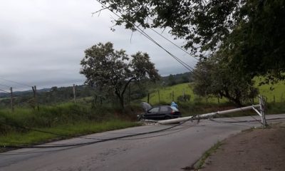 Carro batido em barranco, com postes derrubados ao lado