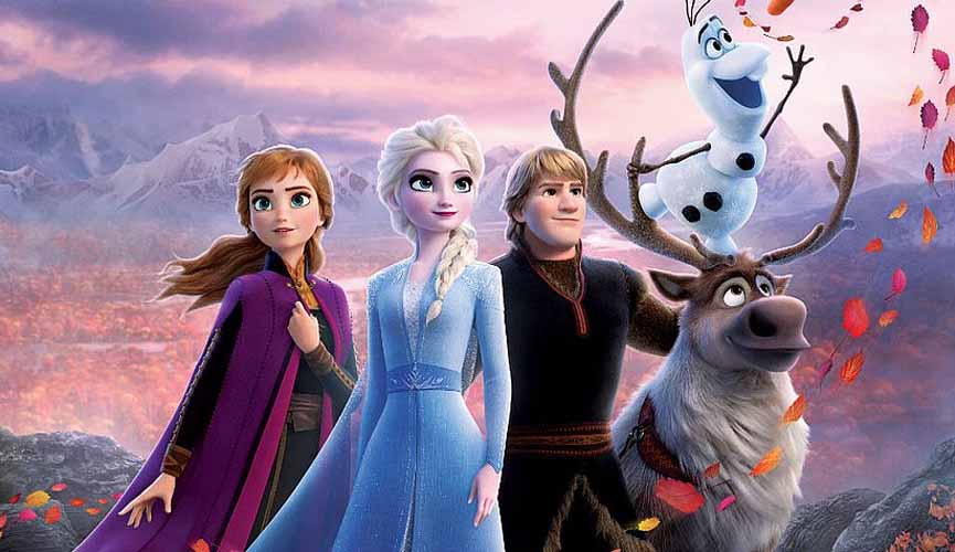 cartaz de divulgação do filme frozen 2, com os personagens Anna, Elsa, Kristroff, Olaf e Sven