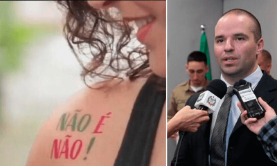 À esquerda, mulher com tatuagem "Não é não"; à direita, deputado Jessé Lopes (PSL)