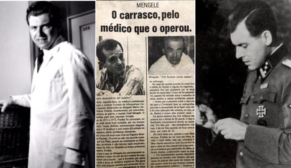Montagem com imagens históricas de Josef Mengele e recorte do Jornal da Cidade, de Jundiaí, de 1985