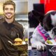 homem segurando hamburguer e cachorro chupando sorvete