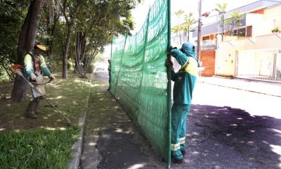 Trabalhadores roçando área verde