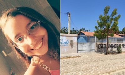 Foto de menina de óculos sorrindo, à esquerda; foto de portão da escola, onde aconteceu o acidente, à direita