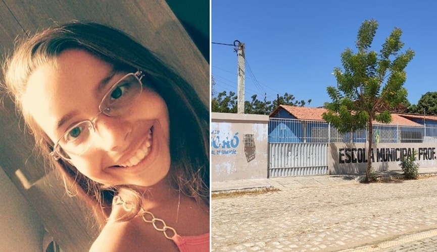 Foto de menina de óculos sorrindo, à esquerda; foto de portão da escola, onde aconteceu o acidente, à direita