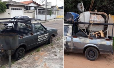 Foto de caminhonete estacionada, à esquerda; foto de caminhonete estacionada com equipamentos, à direita