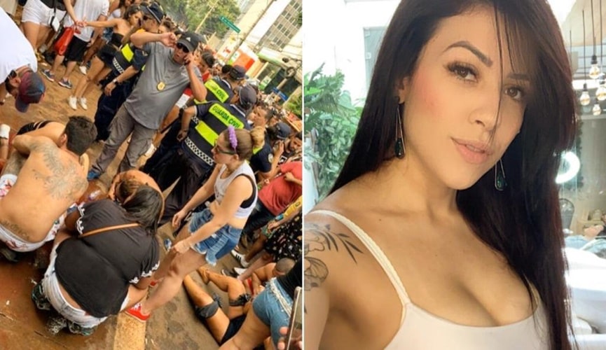 Foto de pessoas baleadas em bloco de Carnaval, à esquerda; selfie de mulher, à direita