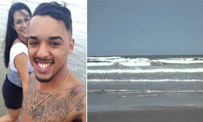 Foto de casal sorrindo na praia, à esquerda; foto de mar, à direita