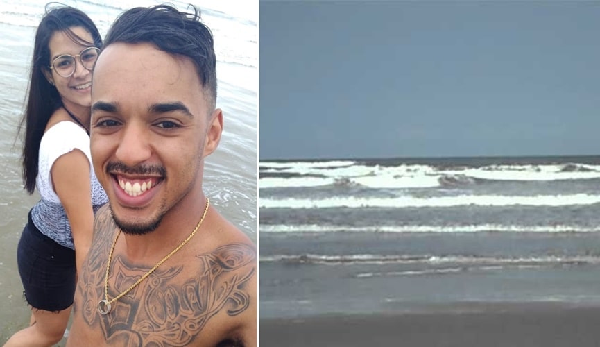 Foto de casal sorrindo na praia, à esquerda; foto de mar, à direita