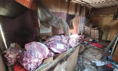 Foto de peças de carne espalhadas em galpão