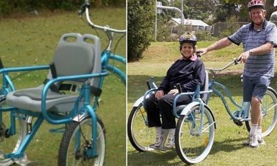 Bicicleta adaptada, à direita; casal de idosos na mesma bicicleta adaptada, à equerda