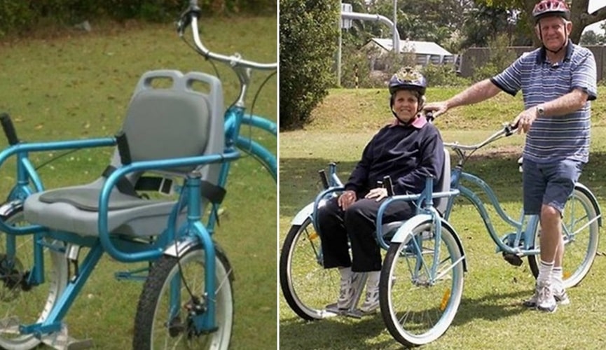 Bicicleta adaptada, à direita; casal de idosos na mesma bicicleta adaptada, à equerda